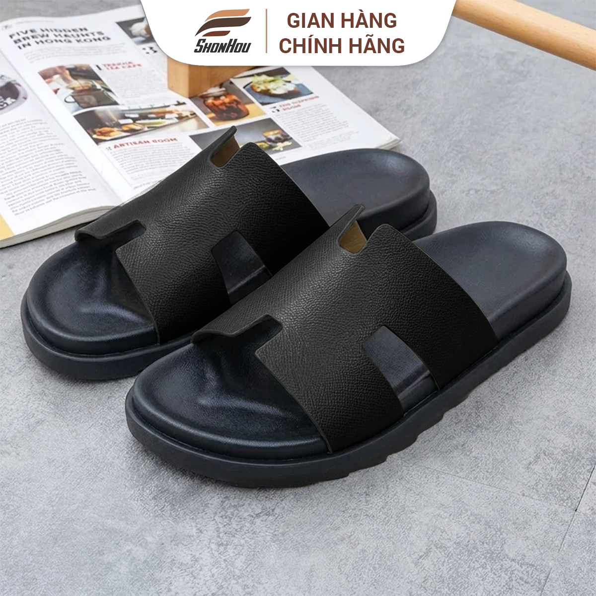 SHONHOU Dép Da Nam chữ H 6 màu Đã Được Khâu Quai Dép Chắc Chắn, Đế Cao Su Êm Mềm- PL1