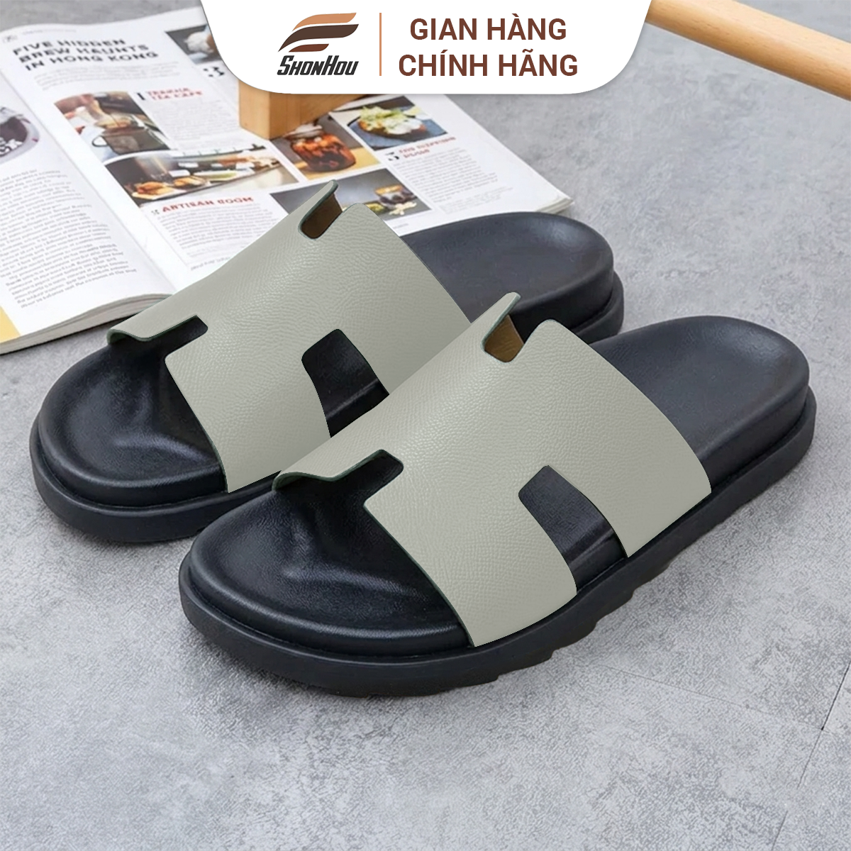 SHONHOU Dép Da Nam chữ H 6 màu Đã Được Khâu Quai Dép Chắc Chắn, Đế Cao Su Êm Mềm- PL4