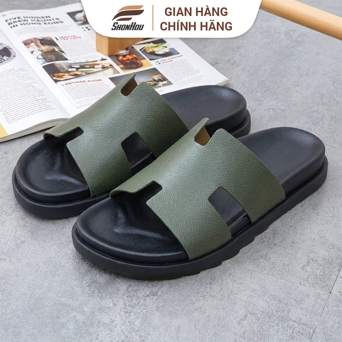SHONHOU Dép Da Nam chữ H 6 màu Đã Được Khâu Quai Dép Chắc Chắn, Đế Cao Su Êm Mềm- PL5